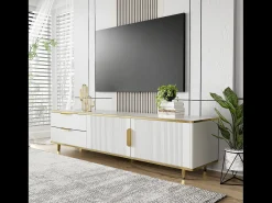 Merax Móvel TV com 2 portas e 2 gavetas - 175x40x45cm - Madeira MDF - puxadores e pés dourados - tampo padrão mármore -^ Móvel De Tv