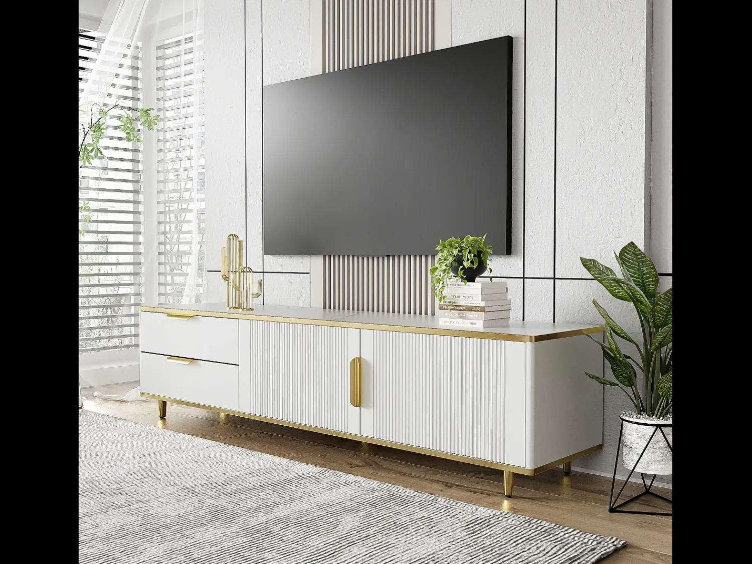 Merax Móvel TV com 2 portas e 2 gavetas - 175x40x45cm - Madeira MDF - puxadores e pés dourados - tampo padrão mármore -^ Móvel De Tv