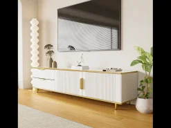 Merax Móvel TV com 2 portas e 2 gavetas - 175x40x45cm - Madeira MDF - puxadores e pés dourados - tampo padrão mármore -^ Móvel De Tv