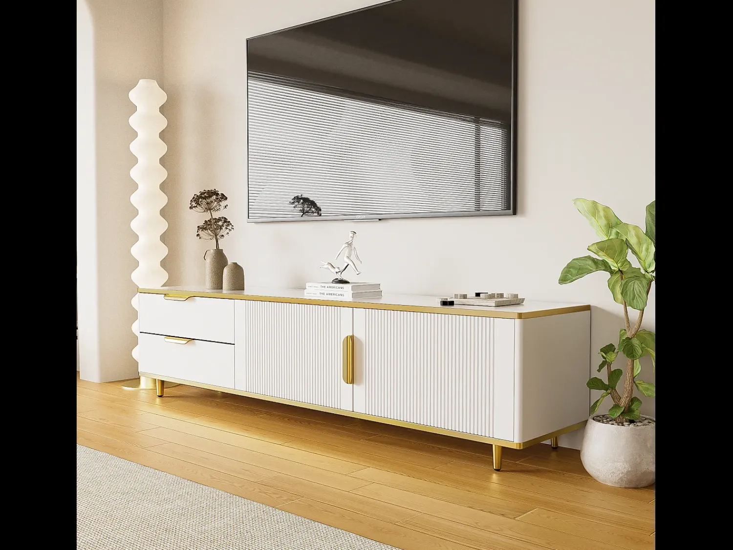 Merax Móvel TV com 2 portas e 2 gavetas - 175x40x45cm - Madeira MDF - puxadores e pés dourados - tampo padrão mármore -^ Móvel De Tv