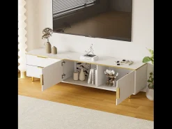 Merax Móvel TV com 2 portas e 2 gavetas - 175x40x45cm - Madeira MDF - puxadores e pés dourados - tampo padrão mármore -^ Móvel De Tv