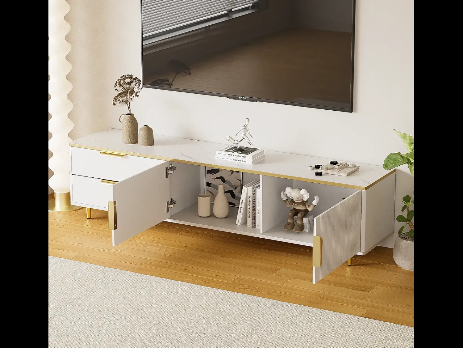 Merax Móvel TV com 2 portas e 2 gavetas - 175x40x45cm - Madeira MDF - puxadores e pés dourados - tampo padrão mármore -^ Móvel De Tv