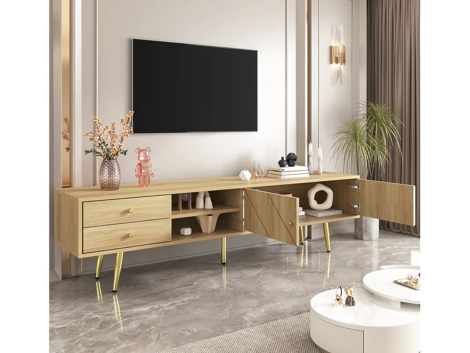 Merax Móvel TV com 2 portas e 2 gavetas - 160 x 36 x 42 cm - MDF, Aglomerado - Cor madeira^ Móvel De Tv