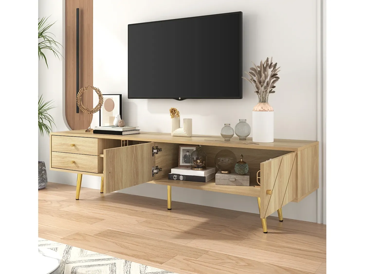 Merax Móvel TV com 2 portas e 2 gavetas - 160 x 36 x 42 cm - MDF, Aglomerado - Cor madeira^ Móvel De Tv