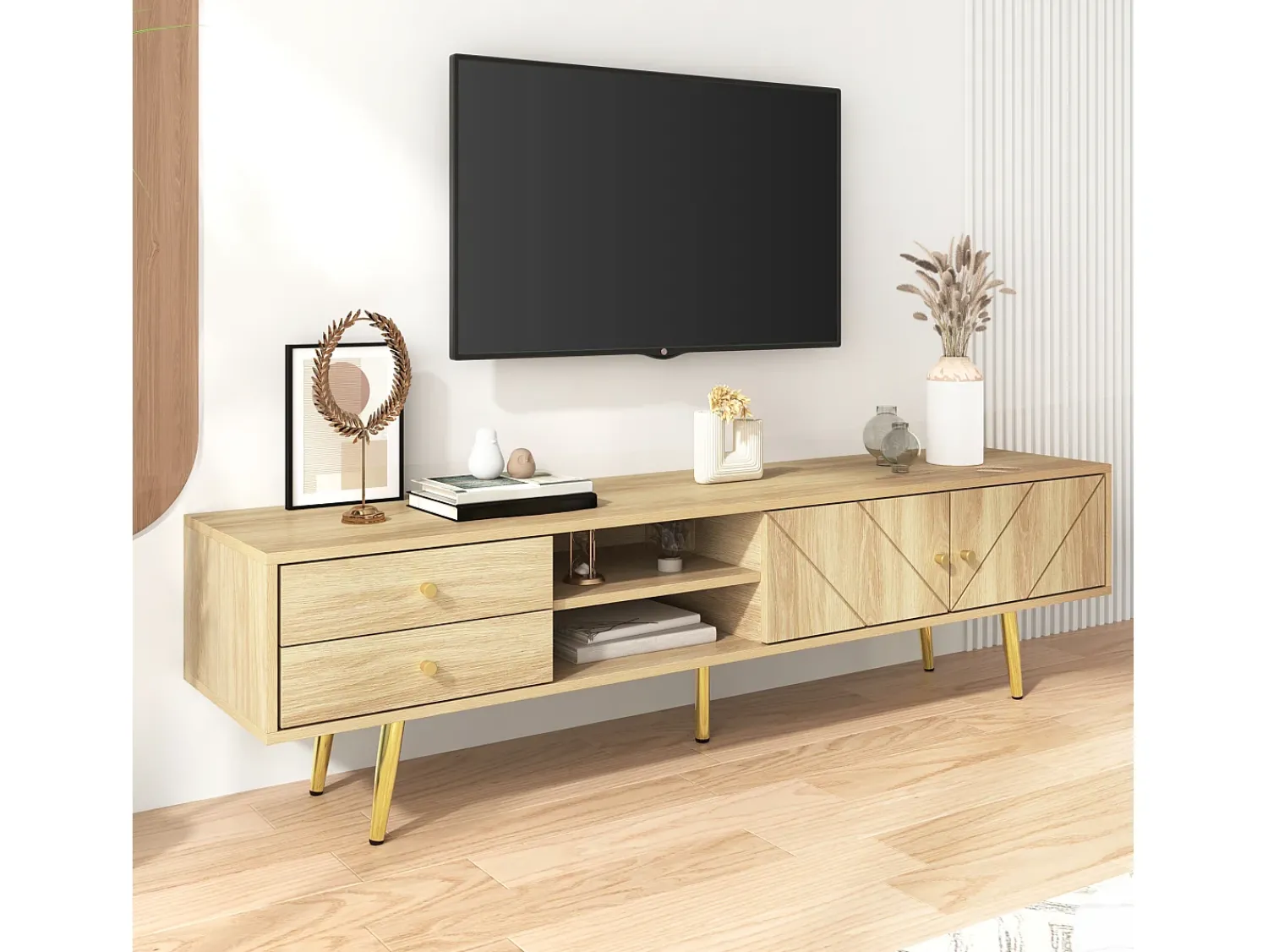 Merax Móvel TV com 2 portas e 2 gavetas - 160 x 36 x 42 cm - MDF, Aglomerado - Cor madeira^ Móvel De Tv