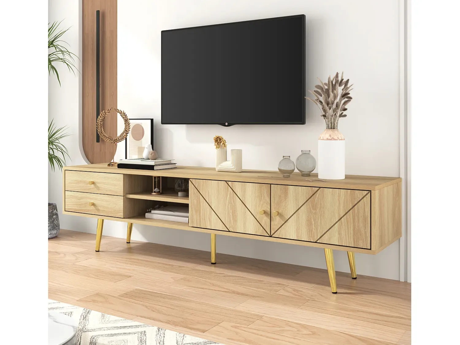 Merax Móvel TV com 2 portas e 2 gavetas - 160 x 36 x 42 cm - MDF, Aglomerado - Cor madeira^ Móvel De Tv