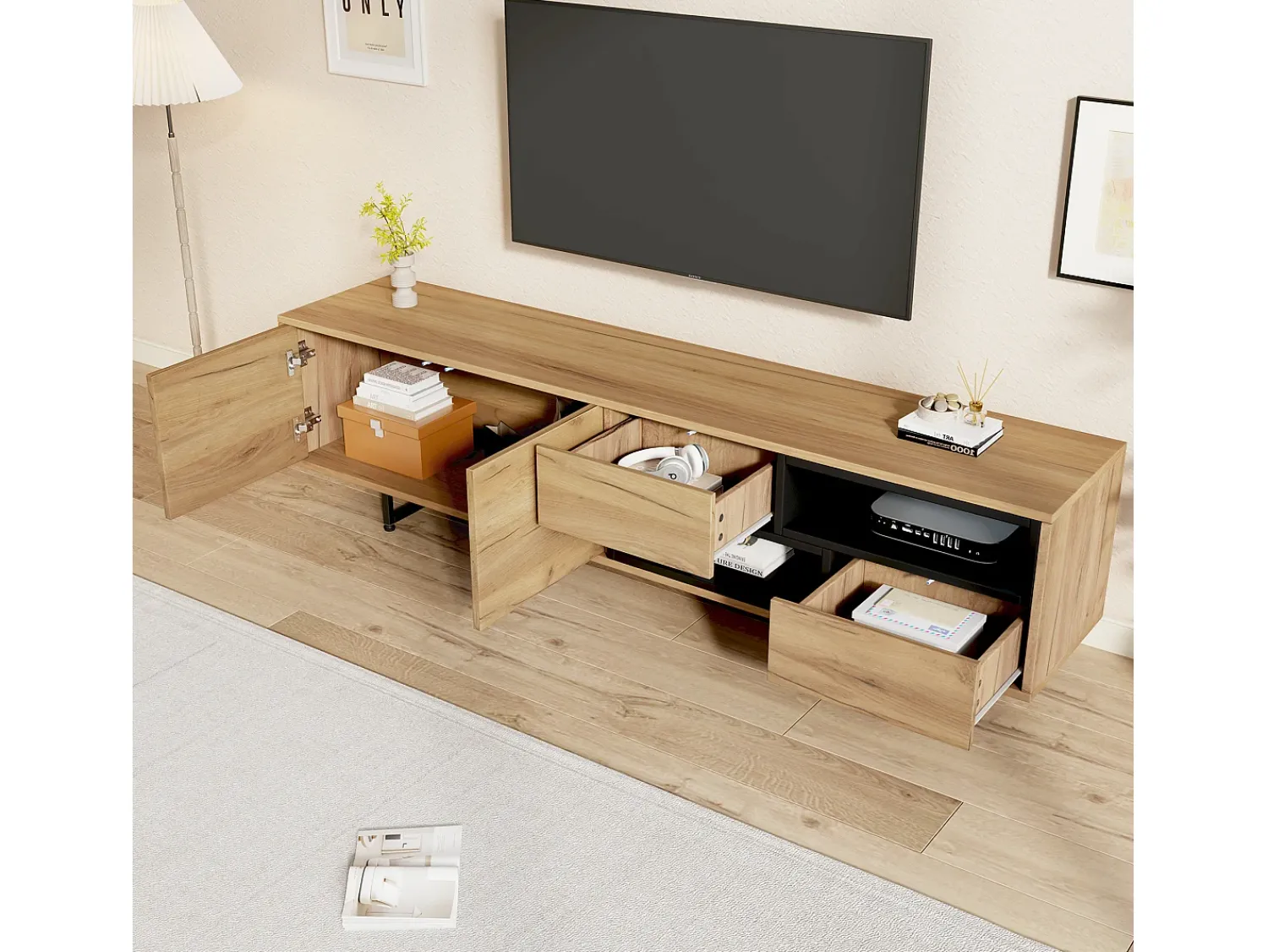 Discount Merax Móvel TV com 2 portas e 2 gavetas - 173 x 38 x 48 cm - Aglomerado - para sala de jantar - Cor madeira Natural claro