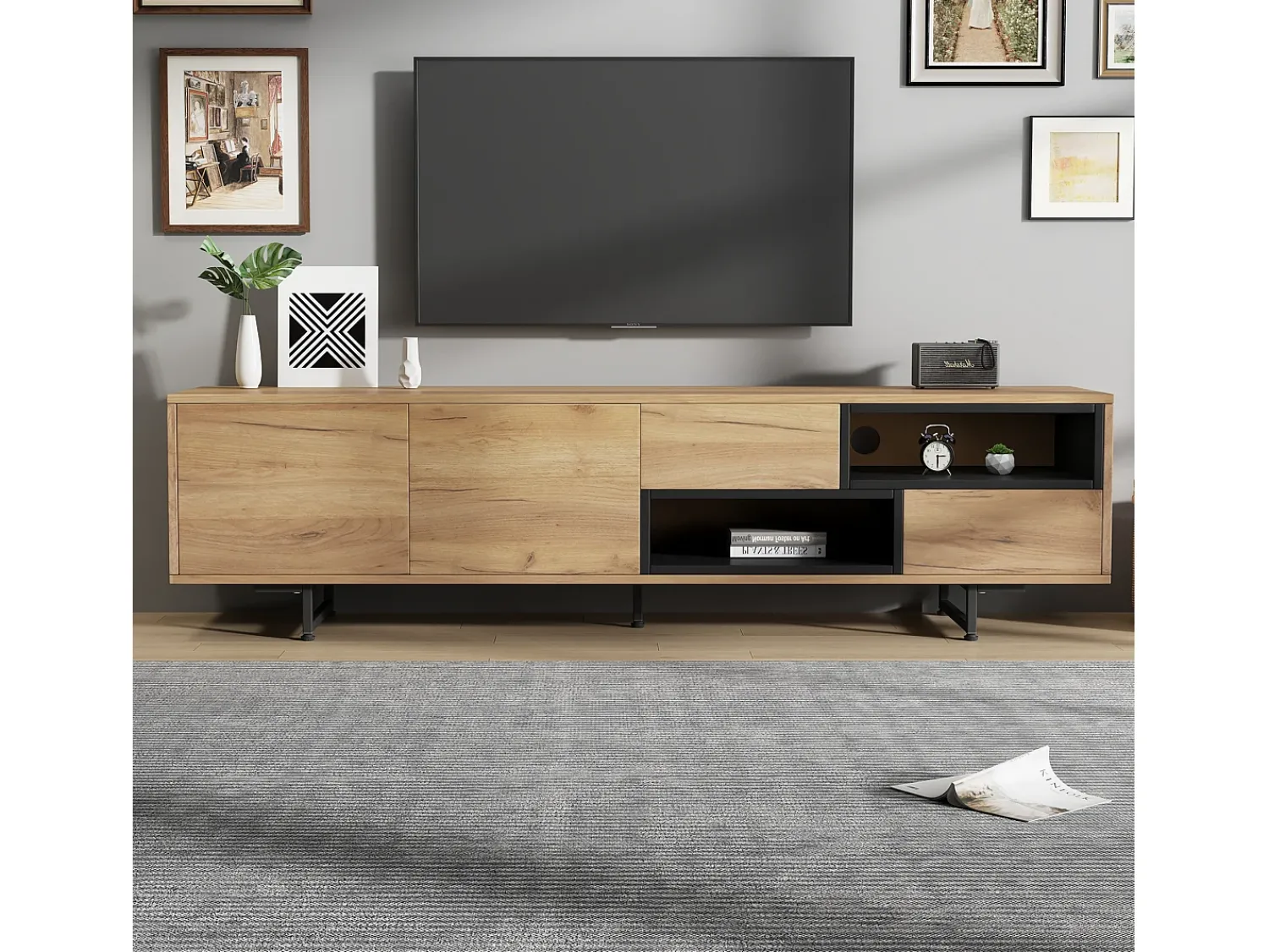 Discount Merax Móvel TV com 2 portas e 2 gavetas - 173 x 38 x 48 cm - Aglomerado - para sala de jantar - Cor madeira Natural claro