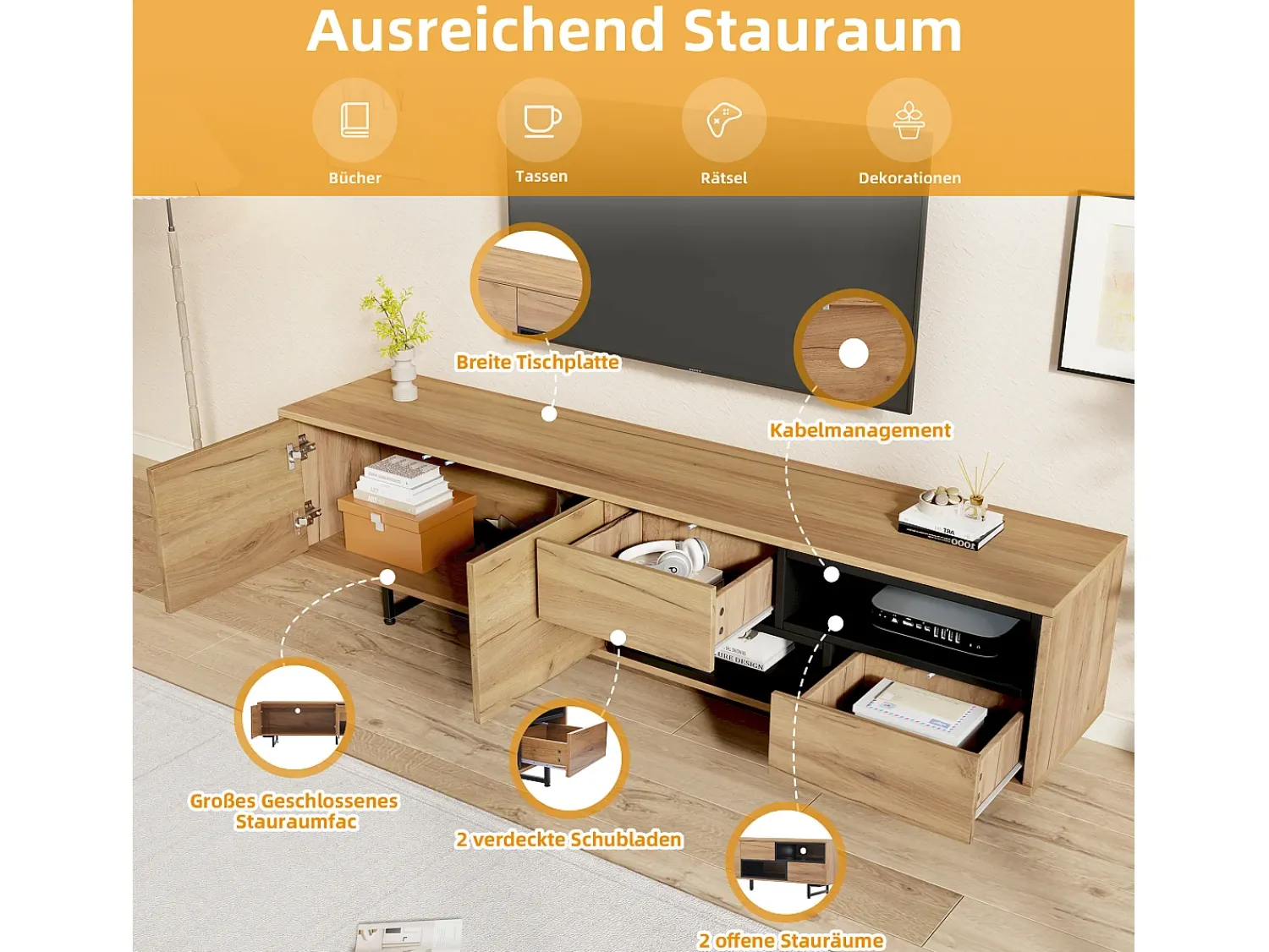 Discount Merax Móvel TV com 2 portas e 2 gavetas - 173 x 38 x 48 cm - Aglomerado - para sala de jantar - Cor madeira Natural claro