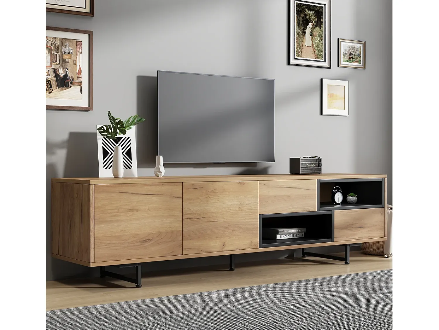 Discount Merax Móvel TV com 2 portas e 2 gavetas - 173 x 38 x 48 cm - Aglomerado - para sala de jantar - Cor madeira Natural claro