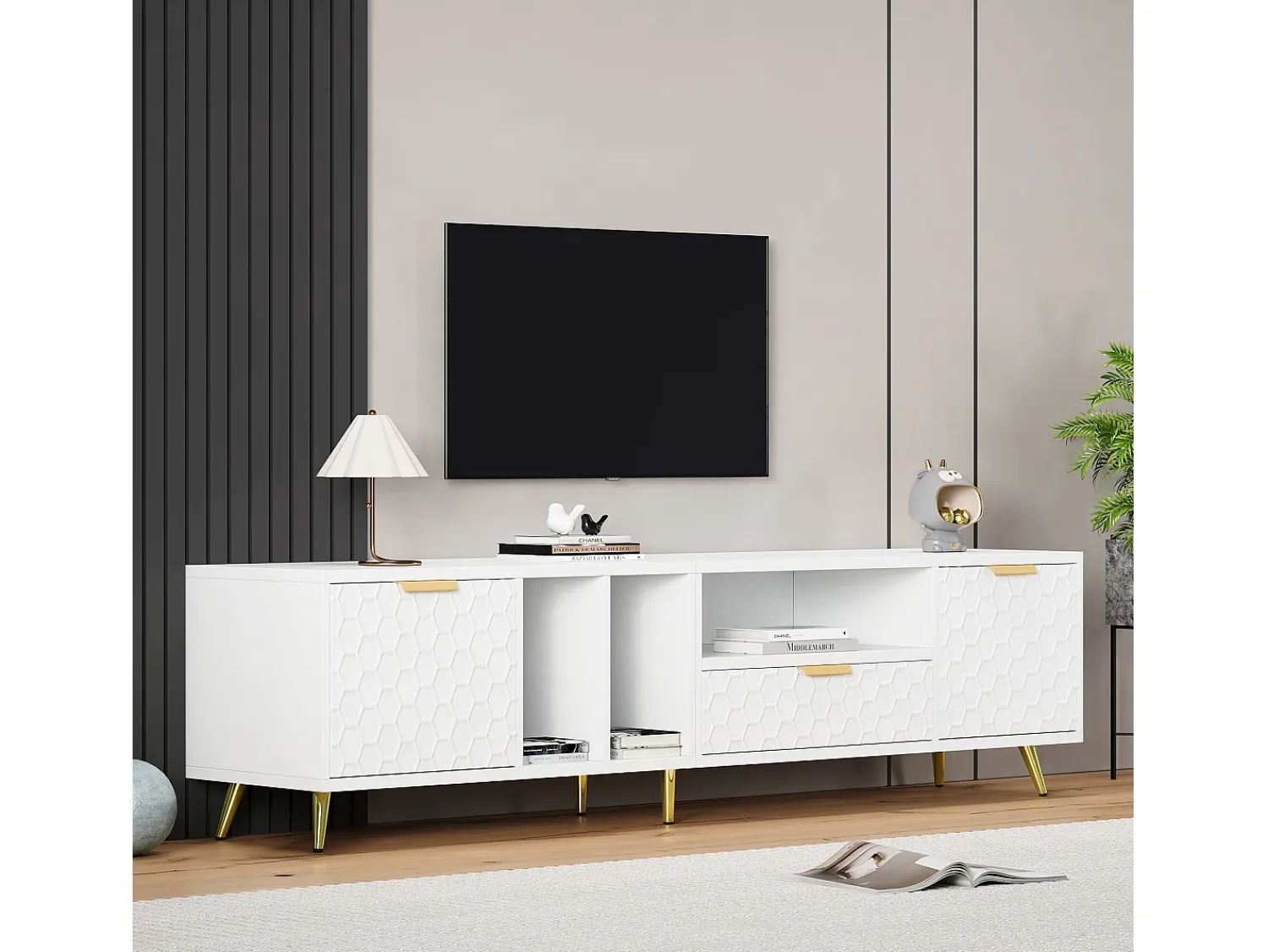 Móvel De Tv*Merax Móvel TV com 2 portas e 1 gaveta - 180 x 40 x 41 cm - Aglomerado - para sala de estar - Branco