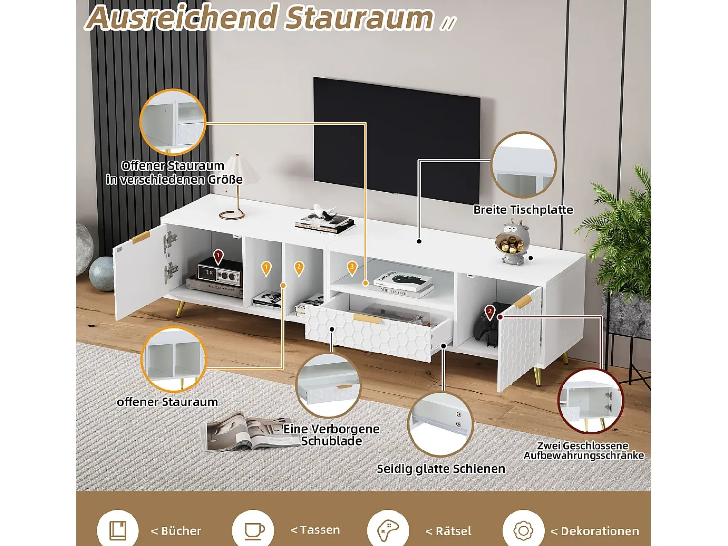 Móvel De Tv*Merax Móvel TV com 2 portas e 1 gaveta - 180 x 40 x 41 cm - Aglomerado - para sala de estar - Branco