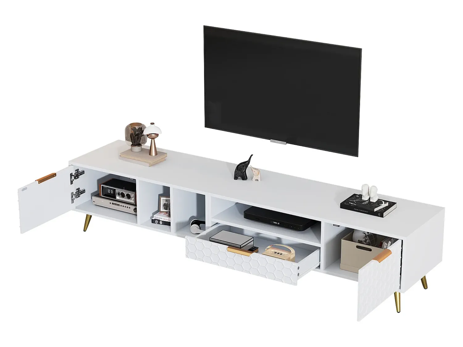 Móvel De Tv*Merax Móvel TV com 2 portas e 1 gaveta - 180 x 40 x 41 cm - Aglomerado - para sala de estar - Branco