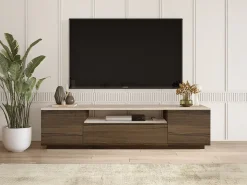 Móvel De Tv|Vente-unique Móvel TV com 3 portas e 1 nicho - Natural escuro e efeito travertino bege - LOTULA Natural escuro / Bege