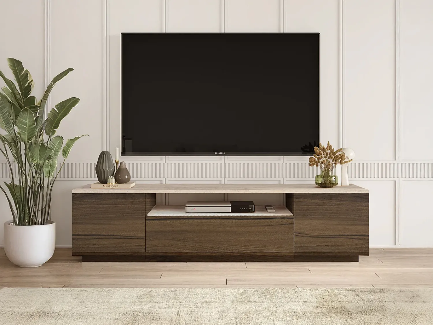 Móvel De Tv|Vente-unique Móvel TV com 3 portas e 1 nicho - Natural escuro e efeito travertino bege - LOTULA Natural escuro / Bege
