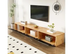 Móvel De Tv*Hauss Spole Móvel TV com 3 portas e LED, móvel TV de parede em laca preta brilhante e acabamento em madeira - 180x35x30cm Natural claro