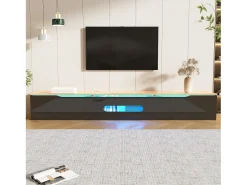 Móvel De Tv*Hauss Spole Móvel TV com 3 portas e LED, móvel TV de parede em laca preta brilhante e acabamento em madeira - 180x35x30cm Natural claro