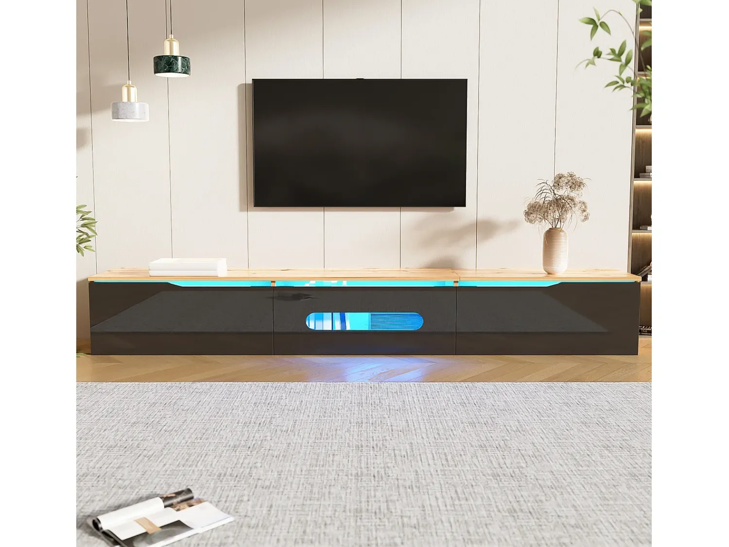 Móvel De Tv*Hauss Spole Móvel TV com 3 portas e LED, móvel TV de parede em laca preta brilhante e acabamento em madeira - 180x35x30cm Natural claro