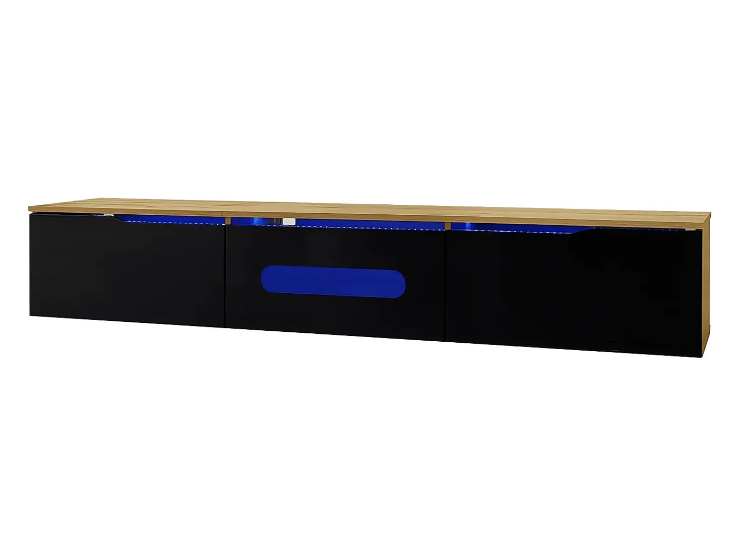 Móvel De Tv*Hauss Spole Móvel TV com 3 portas e LED, móvel TV de parede em laca preta brilhante e acabamento em madeira - 180x35x30cm Natural claro
