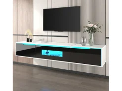 Móvel De Tv|Hauss Spole Móvel TV com 3 portas e LED, móvel TV de parede, lacado branco e Preto