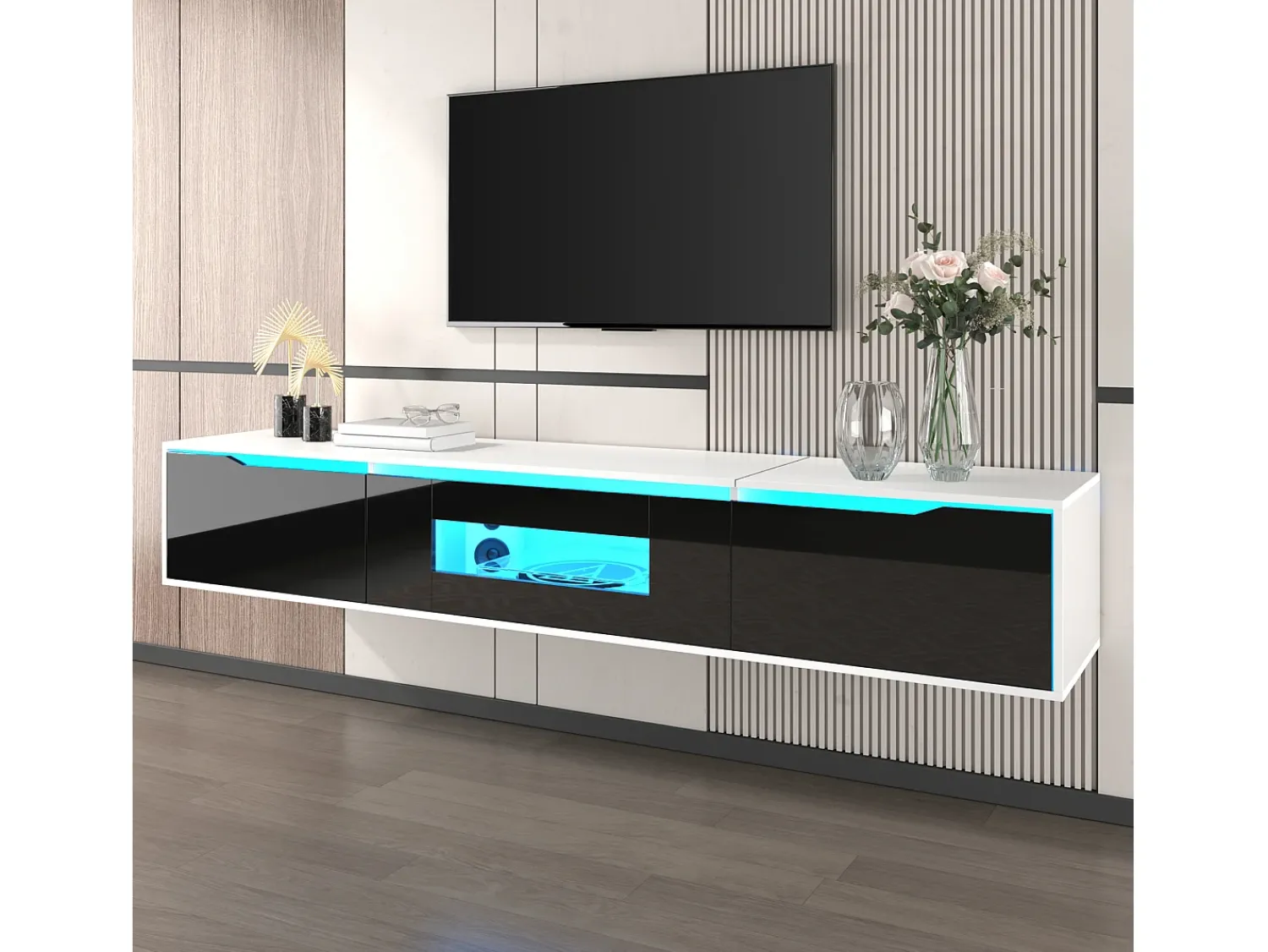 Móvel De Tv|Hauss Spole Móvel TV com 3 portas e LED, móvel TV de parede, lacado branco e Preto