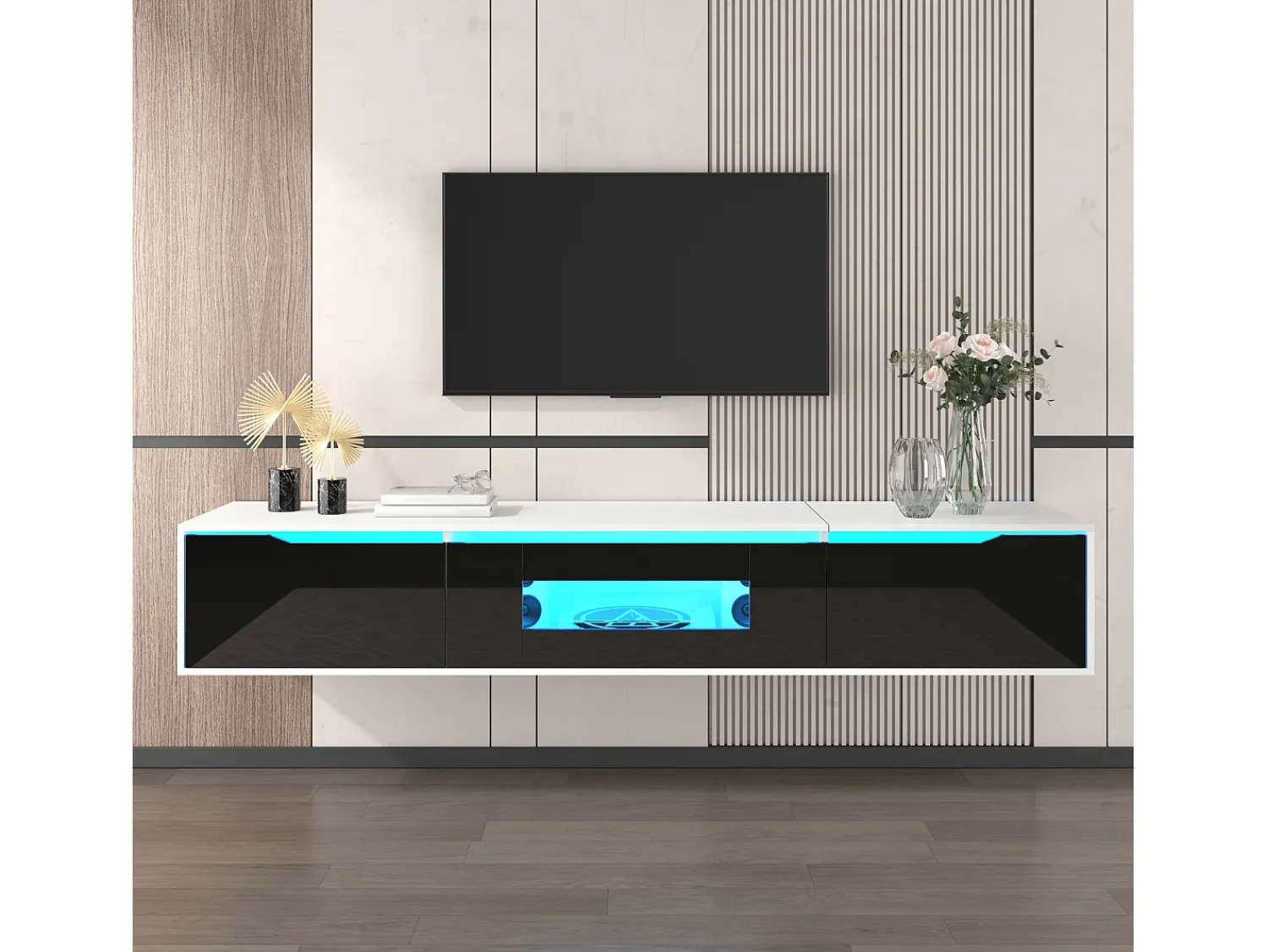 Móvel De Tv|Hauss Spole Móvel TV com 3 portas e LED, móvel TV de parede, lacado branco e Preto