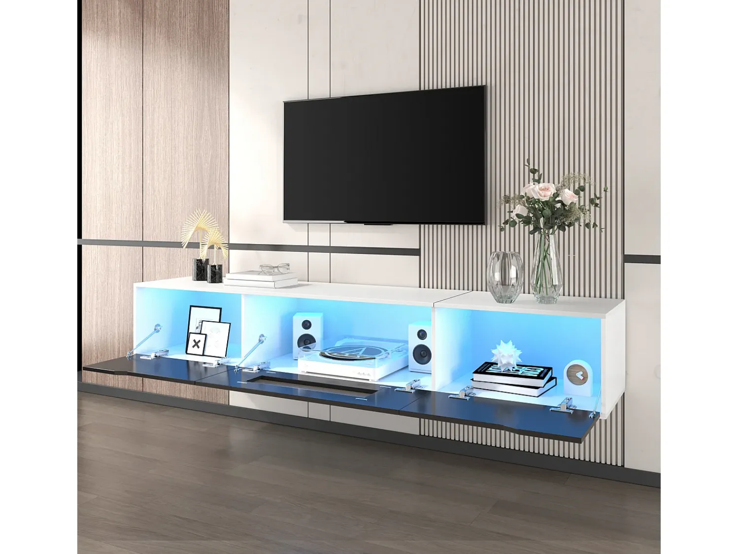Móvel De Tv|Hauss Spole Móvel TV com 3 portas e LED, móvel TV de parede, lacado branco e Preto