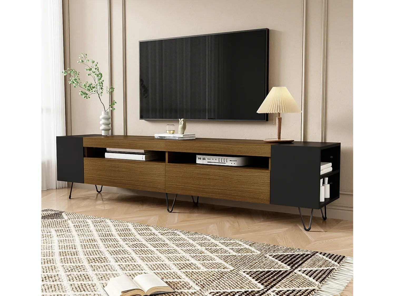 Móvel De Tv|Merax Móvel TV com 2 portas e nichos laterais - 180 x 36 x 43 cm - LEDs - MDF e aglomerado - + natural Preto