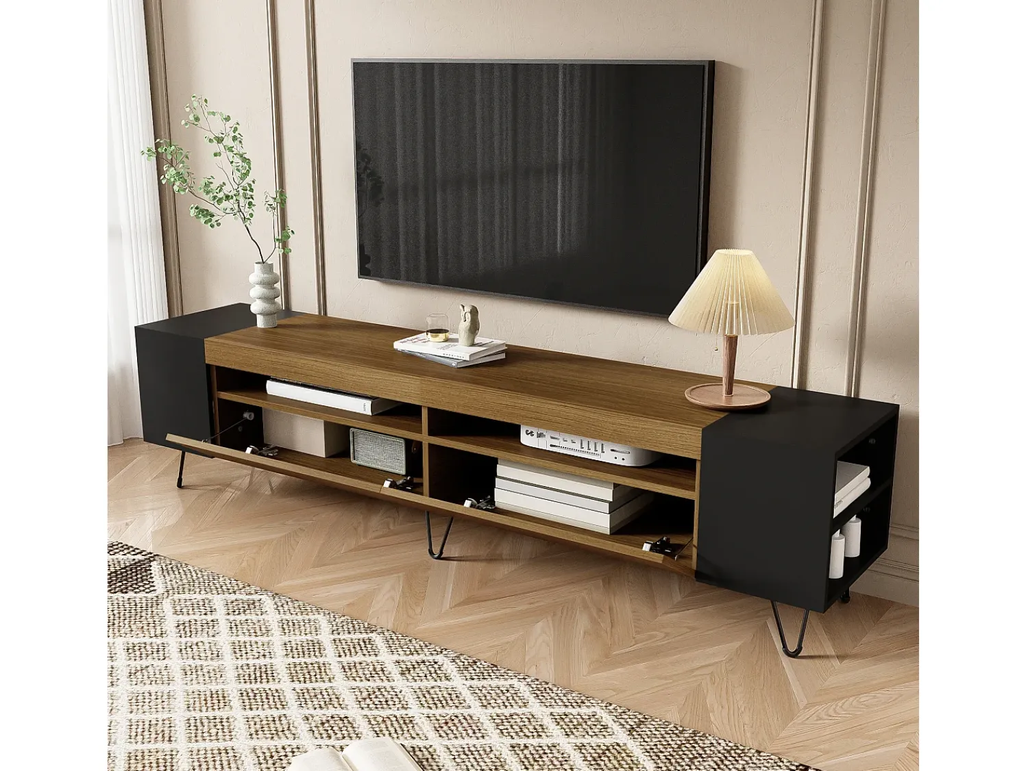 Móvel De Tv|Merax Móvel TV com 2 portas e nichos laterais - 180 x 36 x 43 cm - LEDs - MDF e aglomerado - + natural Preto
