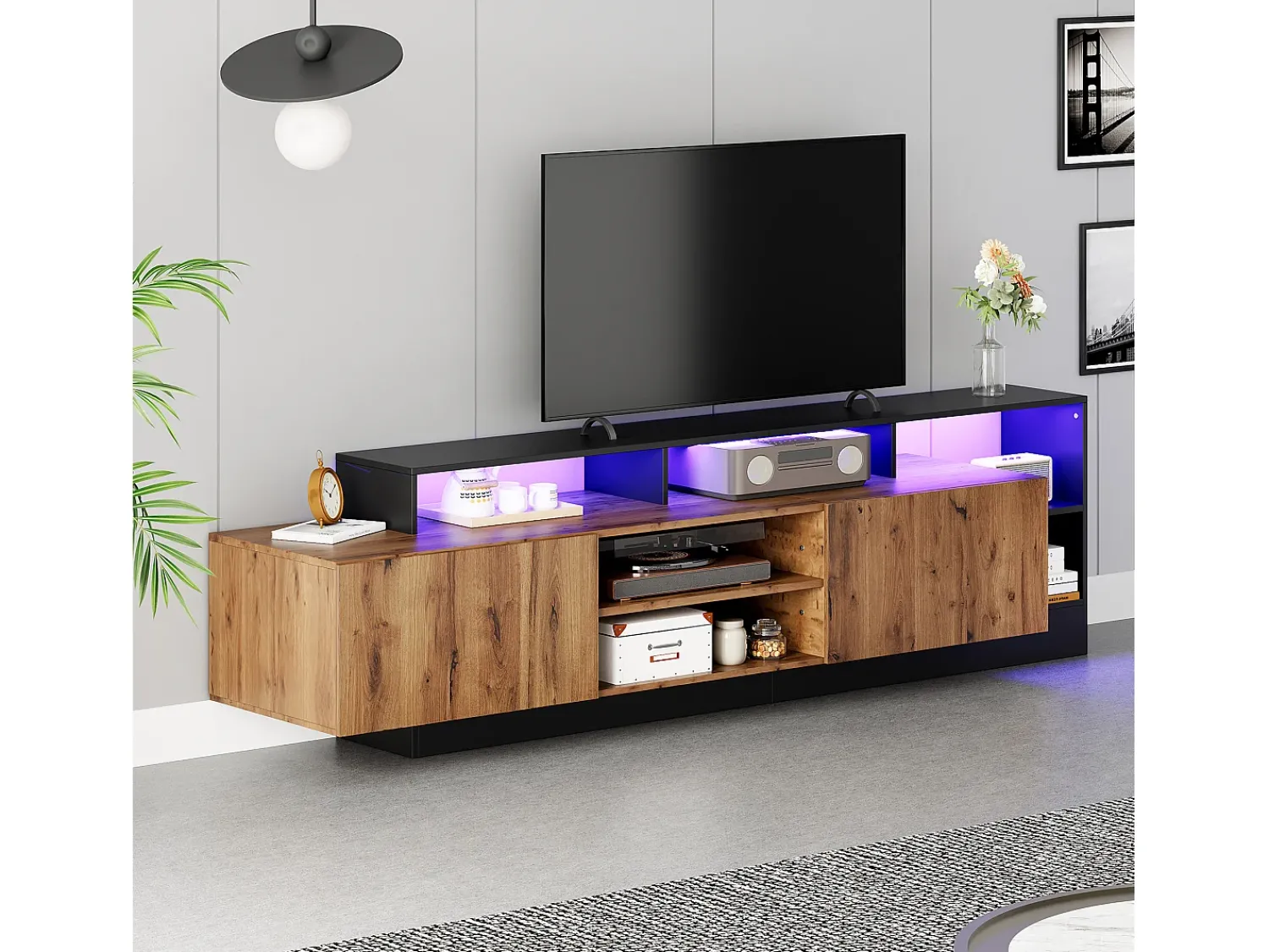 Móvel De Tv*Merax Móvel TV com 2 portas e prateleiras - 190 x 40 x 48,5 cm - LEDs - Aglomerado - Carvalho e Preto