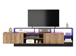 Móvel De Tv*Merax Móvel TV com 2 portas e prateleiras - 190 x 40 x 48,5 cm - LEDs - Aglomerado - Carvalho e Preto