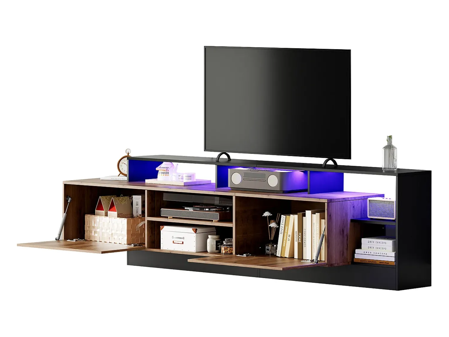 Móvel De Tv*Merax Móvel TV com 2 portas e prateleiras - 190 x 40 x 48,5 cm - LEDs - Aglomerado - Carvalho e Preto
