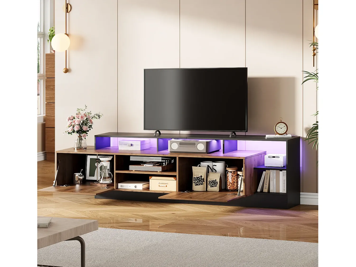 Móvel De Tv*Merax Móvel TV com 2 portas e prateleiras - 190 x 40 x 48,5 cm - LEDs - Aglomerado - Carvalho e Preto