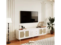 Merax Móvel TV com 4 portas em rattan e 2 gavetas - 175x38x55,5cm - Aglomerado - Puxadores e pés dourados -^ Móvel De Tv