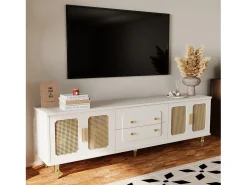 Merax Móvel TV com 4 portas em rattan e 2 gavetas - 175x38x55,5cm - Aglomerado - Puxadores e pés dourados -^ Móvel De Tv