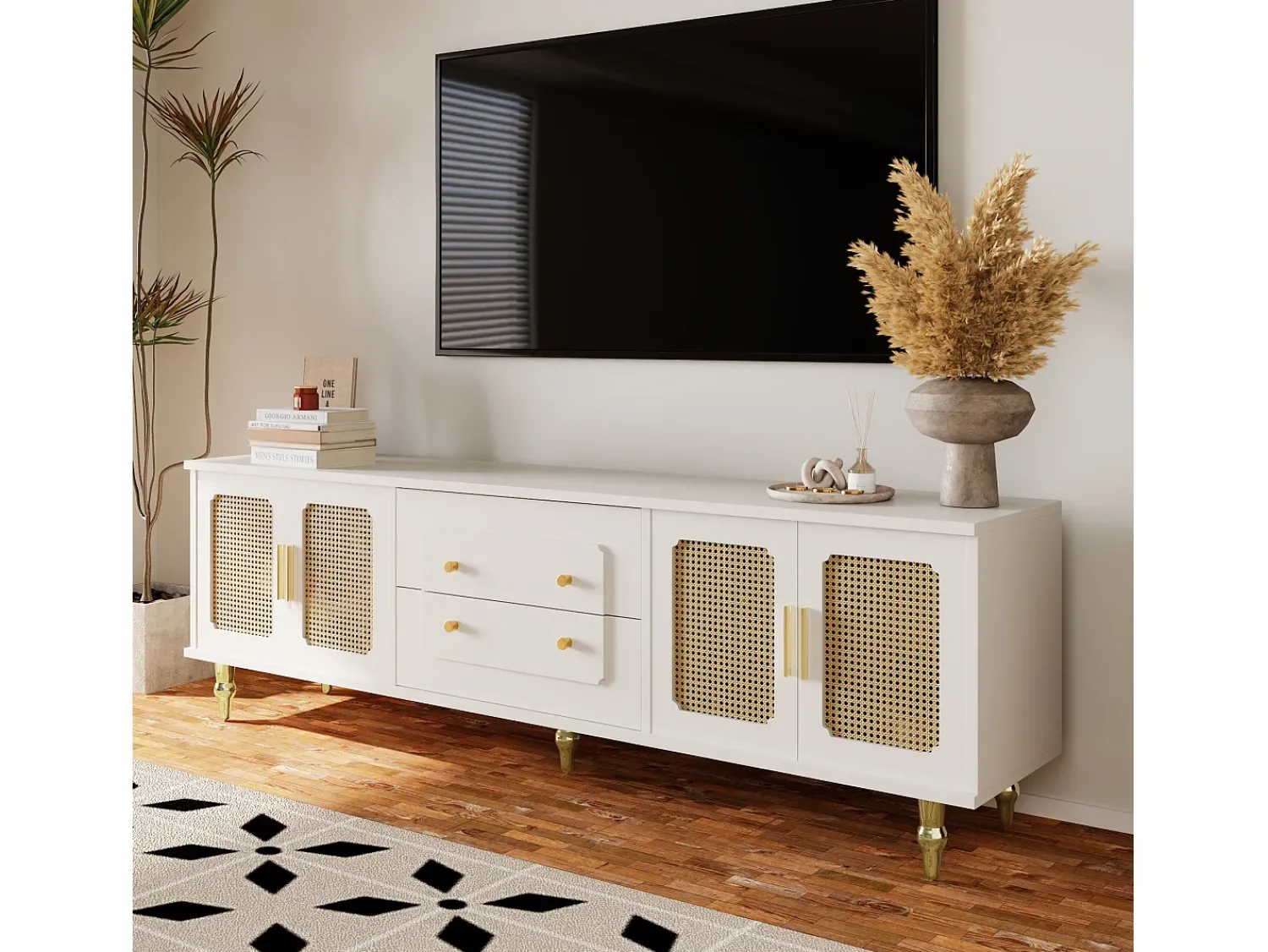 Merax Móvel TV com 4 portas em rattan e 2 gavetas - 175x38x55,5cm - Aglomerado - Puxadores e pés dourados -^ Móvel De Tv