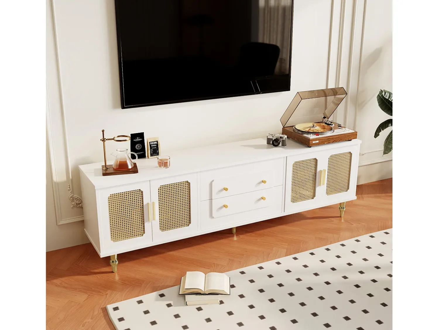 Merax Móvel TV com 4 portas em rattan e 2 gavetas - 175x38x55,5cm - Aglomerado - Puxadores e pés dourados -^ Móvel De Tv