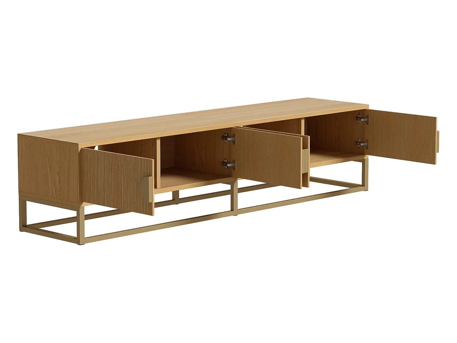 Hauss Spole Móvel TV com 4 portas, puxadores e pés em metal dourado, acabamento em madeira natural clara - 180x40x40cm Natural claro