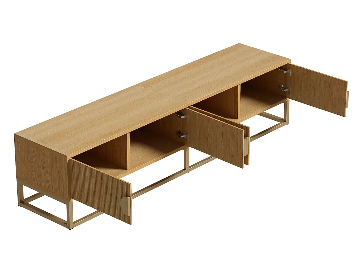Hauss Spole Móvel TV com 4 portas, puxadores e pés em metal dourado, acabamento em madeira natural clara - 180x40x40cm Natural claro