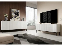 Móvel De Tv* Móvel TV com 2 portas rebatíveis e 1 gaveta branca com pé metálico 150x45 cm Branco