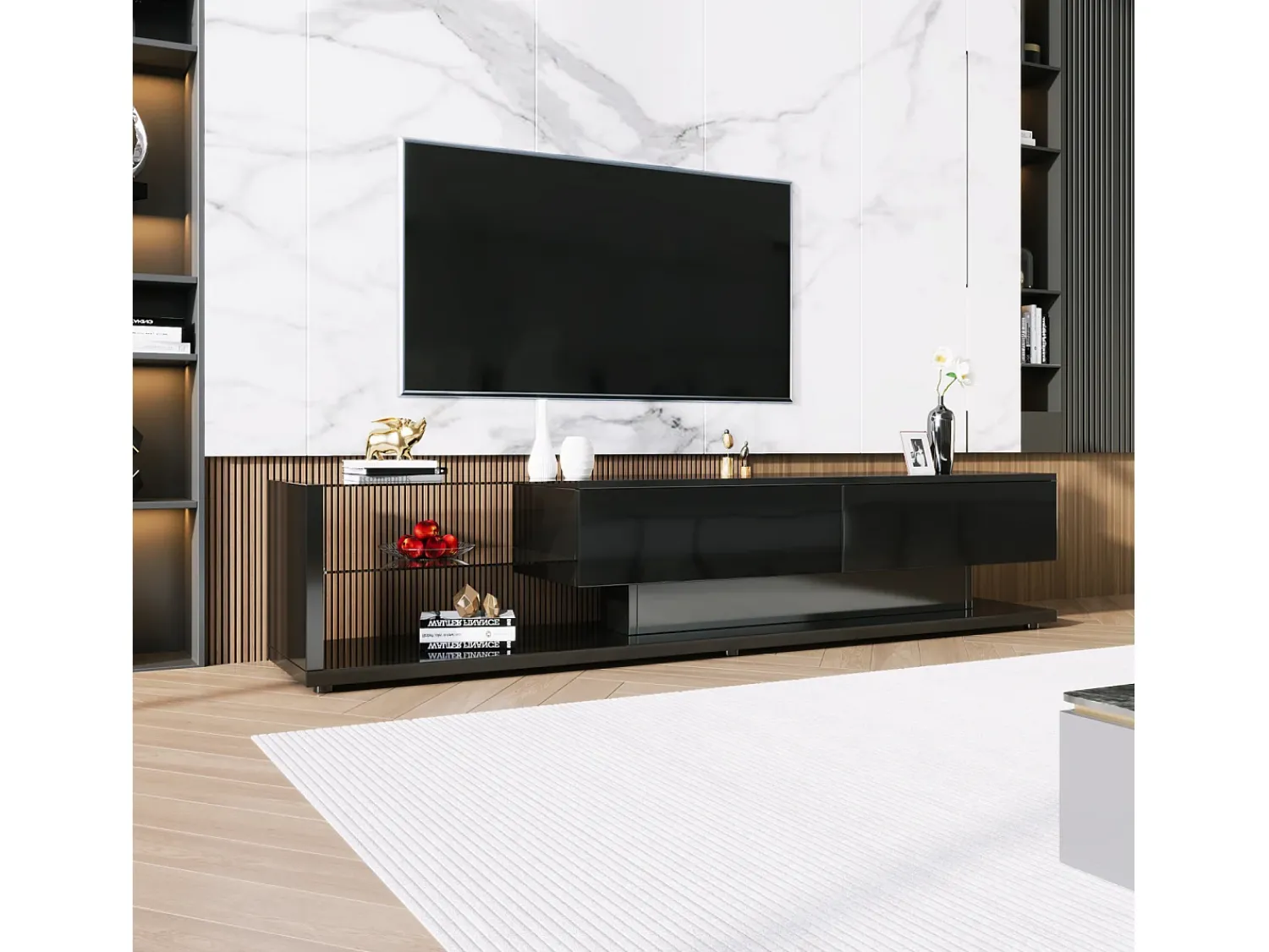Móvel TV com Divisórias de Vidro e LED Variável, com 2 Gavetas e Prateleira Aberta,^ Móvel De Tv