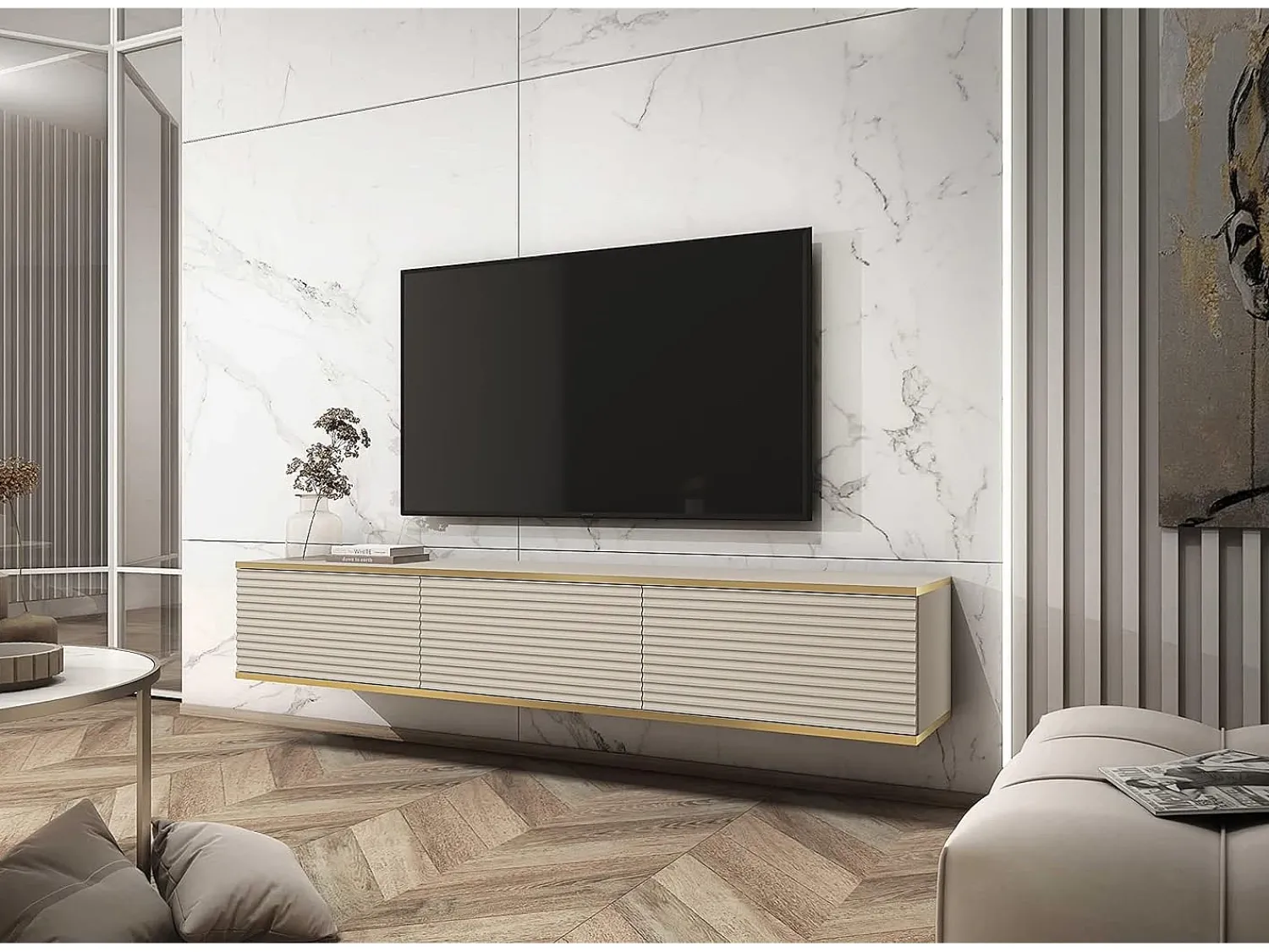 Móvel TV com Lamas , 175 x 30 x 32 cm, Push to Open Bege