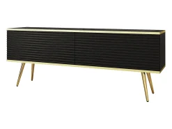 Móvel De Tv| Móvel TV com Lamas Negras, Patas Doradas, 135 x 30 x 52 cm, Push to Open Preto