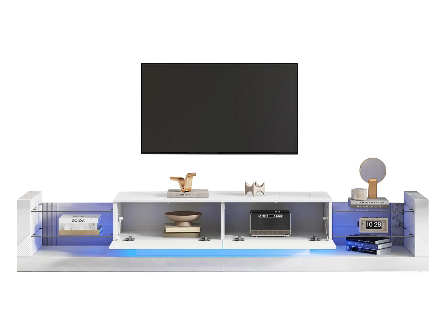 Online ModernLuxe Móvel TV com LED - 2 compartimentos rebatíveis e prateleiras em vidro - Branco