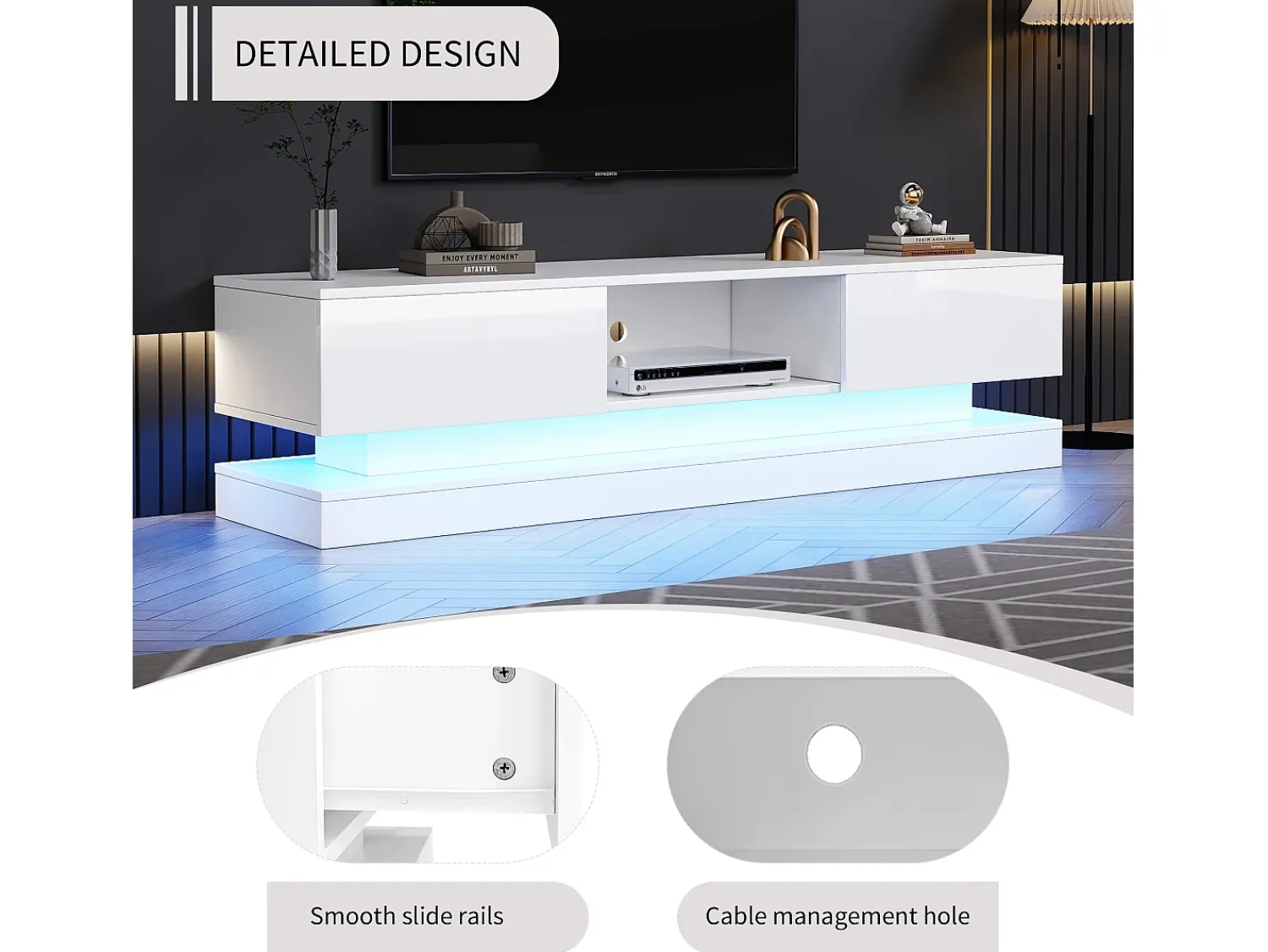 Móvel De Tv*ModernLuxe Móvel TV com LED 160cm - 2 gavetas e 1 compartimento aberto - adequado para TV 60" - Branco