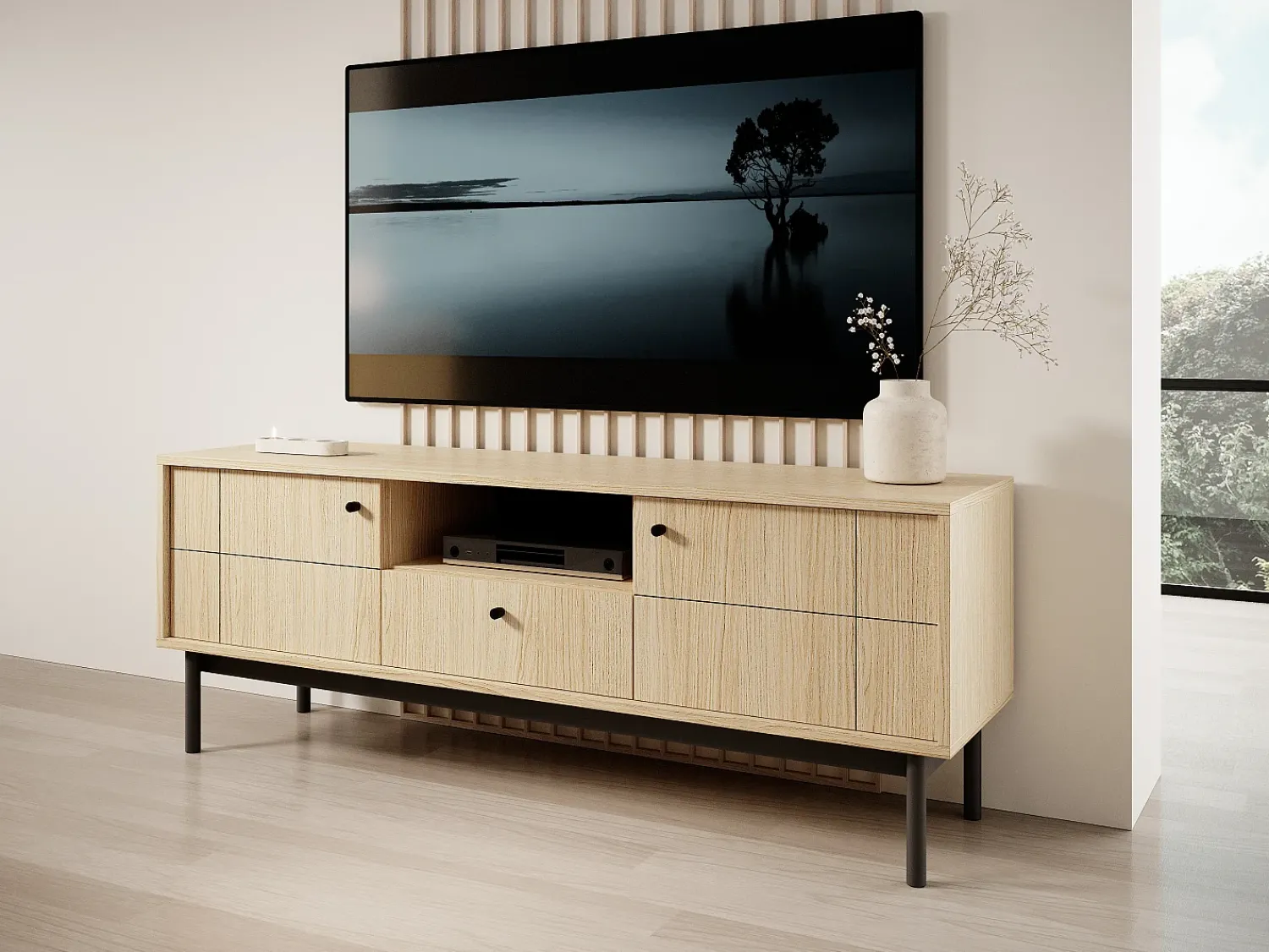 Móvel TV: cor Carvalho Linea, pés pretos, 153,5 x 56,5 x 39 cm^ Móvel De Tv