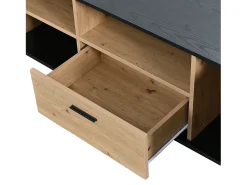 Móvel TV cor e madeira natural, com 3 portas, 2 compartimentos abertos e 1 gaveta, com LED^ Móvel De Tv