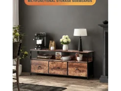 Sale Móvel TV de 108 cm, com 3 gavetas de arrumação, prateleiras, estrutura metálica, rectangular, industrial vintage, mobiliário de sala em madeira - Castanho