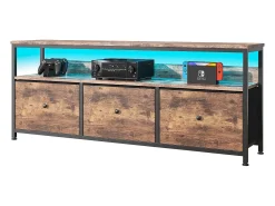 Sale Móvel TV de 108 cm, com 3 gavetas de arrumação, prateleiras, estrutura metálica, rectangular, industrial vintage, mobiliário de sala em madeira - Castanho