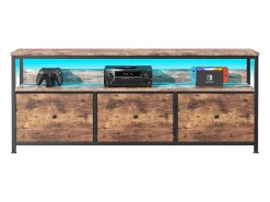 Sale Móvel TV de 108 cm, com 3 gavetas de arrumação, prateleiras, estrutura metálica, rectangular, industrial vintage, mobiliário de sala em madeira - Castanho